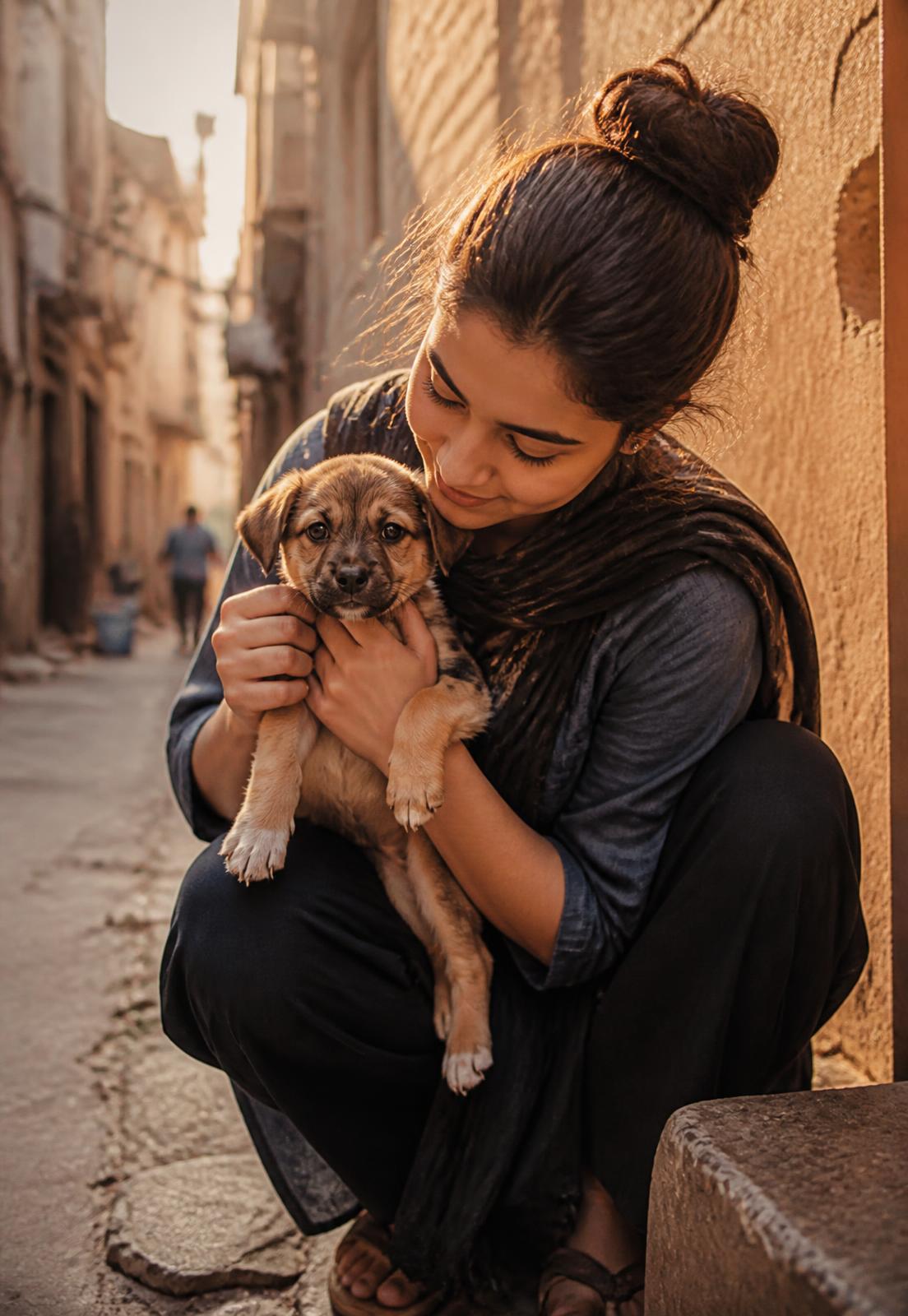 a young woman in a karachi alley holding a rescued puppy
